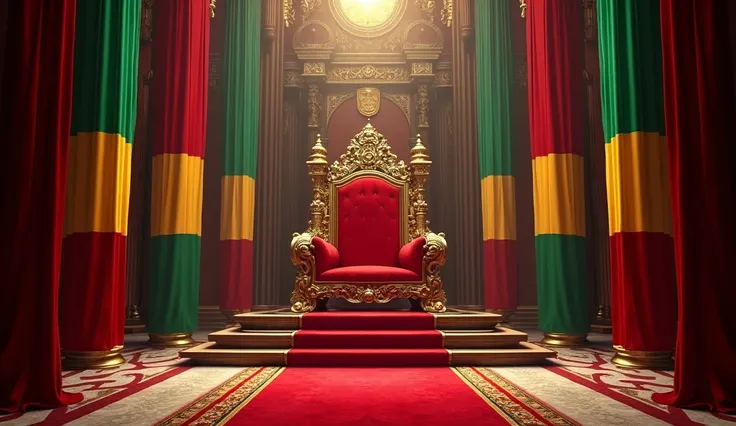 (photorealism:1.2), throne, avec tapis rouge, avec des drapeaux africains aux alentours 