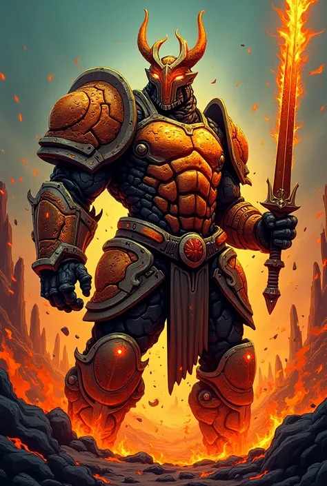  You have a character of a lava knight with a lot of battle injuries, with an alien comic style 2d 