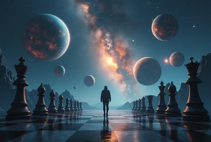 The universe is a game of chess ,  seen from outside the Earth by a person 