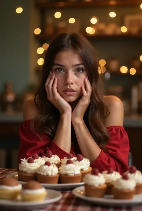 Create a sequence of 3 images :  In the first a white-skinned girl ,  of 25 years old with a worried expression as she watches a table full of traditional Christmas desserts  (cookies, cakes with excess sugar ),  a second image of the same girl in a health...