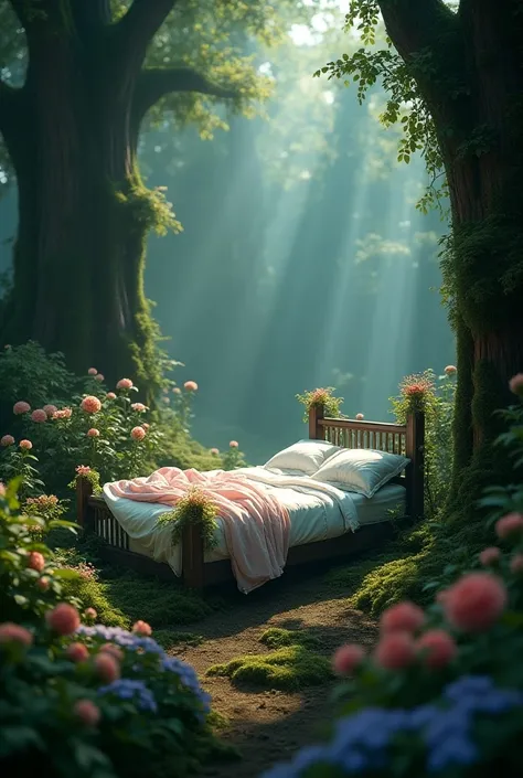 Bed with vegetation in surreal forest