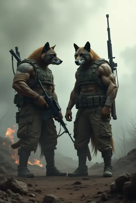 Two dog soldiers , armed in a war  