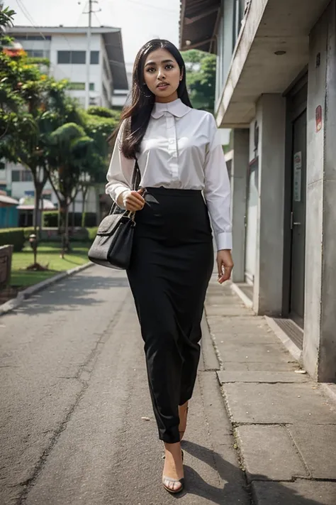 An Indonesian sweet young attractive  muslimah office girl,  georgeus pretty face, slim body, about twenty five years old, living in Bogor, walking confidence on side walk going to her office, carry a office bag, very realistic, very detail, best, masterpi...