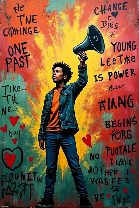 graffiti:
 Imagine a vibrant graffiti with a background full of colors such as red and green,  symbolizing energy and hope . in the center,  you could place a figure of a young man raising a megaphone ,  with phrases written around like :  “The voice of yo...