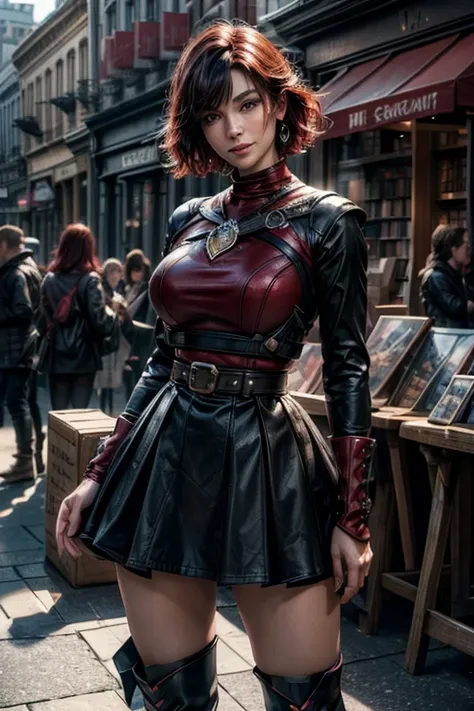 srwby, short hair, black hair, red hair, t-shirt, skirt, boots, gradient hair, grey eyes, standing outside, smiling, (cowboy shot), dynamic pose, standing outside bookshop on city street, crowd, intricate details, tonemapping, sharp focus, hyper detailed, ...