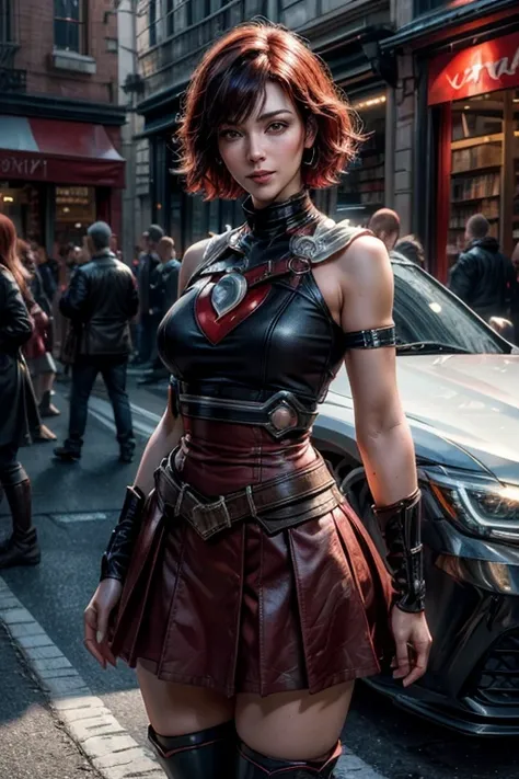 srwby, short hair, black hair, red hair, t-shirt, skirt, boots, gradient hair, grey eyes, standing outside, smiling, (cowboy shot), dynamic pose, standing outside bookshop on city street, crowd, intricate details, tonemapping, sharp focus, hyper detailed, ...