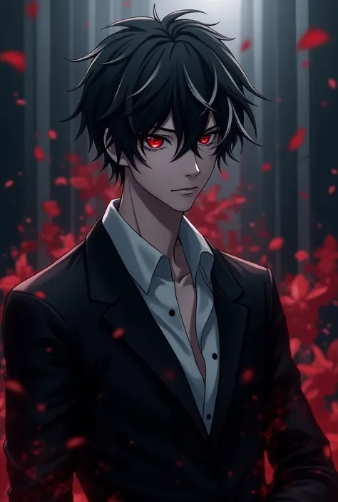 Vampire man with short black hair with white tips anime style