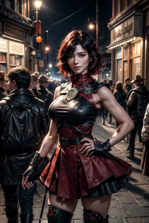 srwby, short hair, black hair, red hair, t-shirt, skirt, boots, gradient hair, grey eyes, standing outside, smiling, (cowboy shot), dynamic pose, standing outside bookshop on city street, crowd, intricate details, tonemapping, sharp focus, hyper detailed, ...