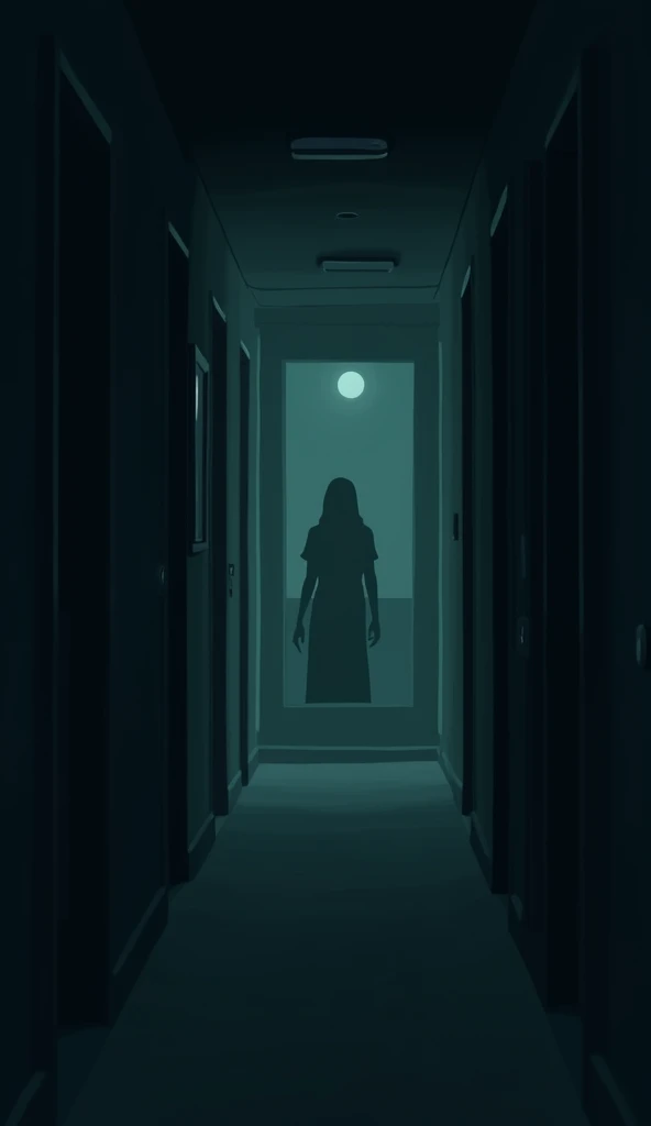 Cartoon-style image of a dimly lit hallway, with a faint, shadowy figure barely visible at the end. The walls are dark and narrow, amplifying the feeling of confinement and mystery. The shadow has an eerie presence, as if watching. Cartoon, dark tones