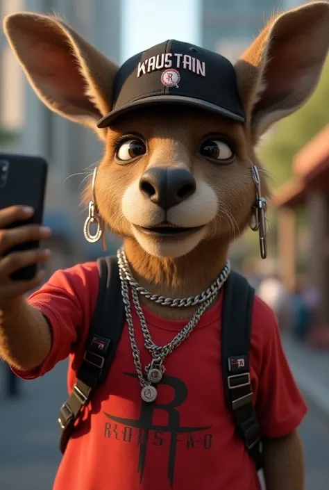 Kanguro wearing the Houston rocker shirt and cap and taking a selfie has earrings and chains, his face looks like hes 30 years old and has a label that says team kanguro 
