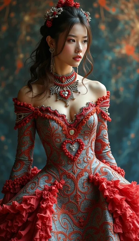 a woman in a dress with a heart on it, maximalist fashion dress, ornate dress, modern maximalist fashion dress, intricate fantasy dress, fractal dress, graphic print, detailed dress, patterned clothing, an intricate dress, baroque dress, astral dress, intr...