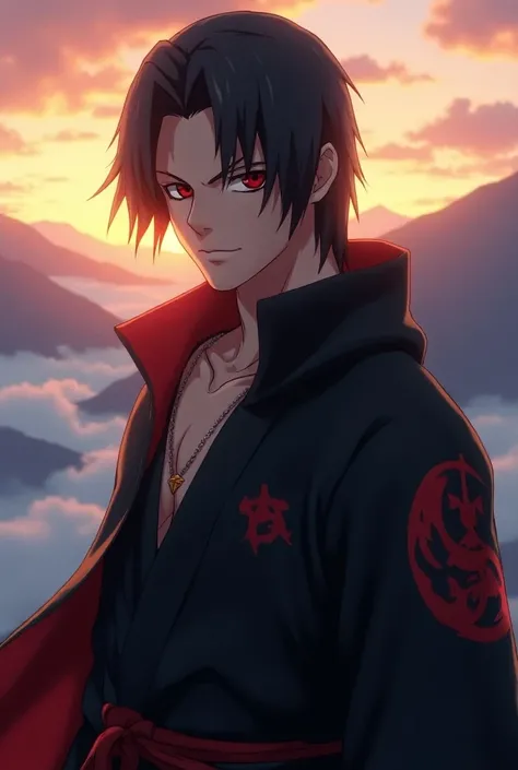 Uchiha itachi wearing a Akatsuki coat, standing on a beautiful mountain , sun rise , beautiful clouds , dynamic view see at the sky, sunshine, mangekyo sharingan beautiful view, AMD FidelityFX Super resolution 3, octane rendered, Unreal engine 5 effects, e...