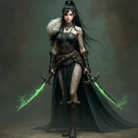 Realistic full-body image of a 20-year-old elven rogue with pale skin, adorned with intricate white tribal tattoos that cover her entire body. Her long black hair is tied up in a high ponytail, enhancing her fierce and agile look. She wears a black Viking-...