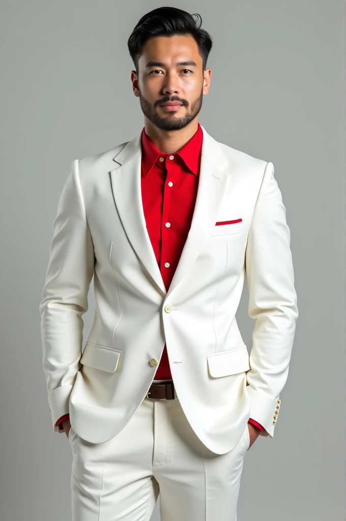 A man dressed in a white mens suit with a red shirt