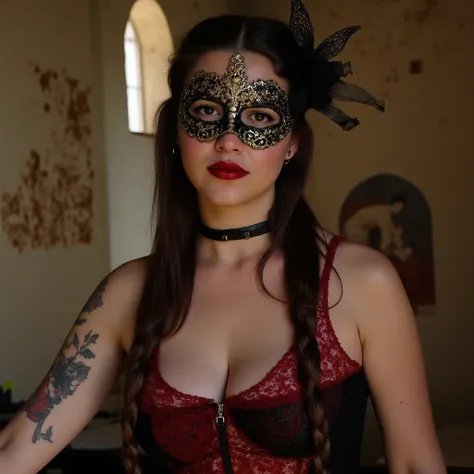 close-up, waist shot,wearing lace black and gold venetian mask, leather red choker necklace, 25-years old japanese and american mixed heritage girl, gothic make-up, slim body, large breasts,red lace decolated black leather lace-up bontage bodysuits with be...