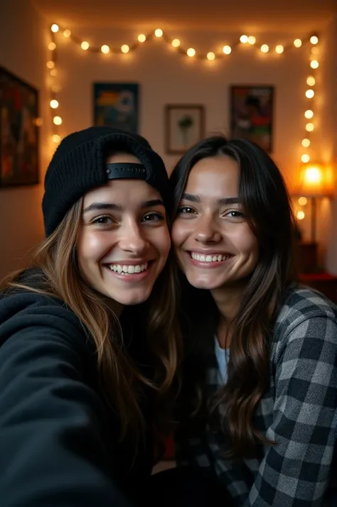  A young Argentinian brown woman wearing a black hoodie and a black cap taking a selfie head-on with a young brown woman wearing a gray and black checkered shirt in a room of a bedroom, night atmosphere with homemade lights 