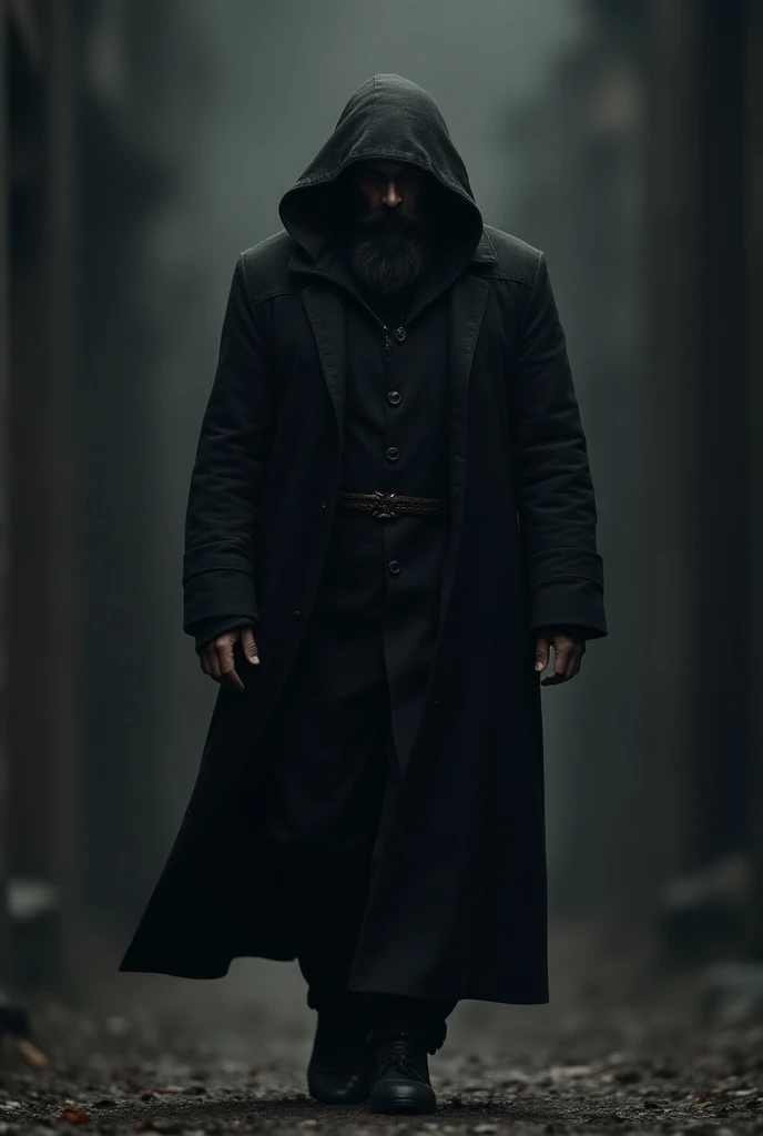 Create an adult man , medieval. He wears a long coat .  The hood of the jacket covers the upper half of his face.  He has a dark leafy beard . walk to the camera .