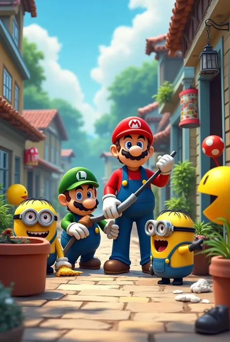 Due minions, mario bros, pac man ,che spazzano e lavano,