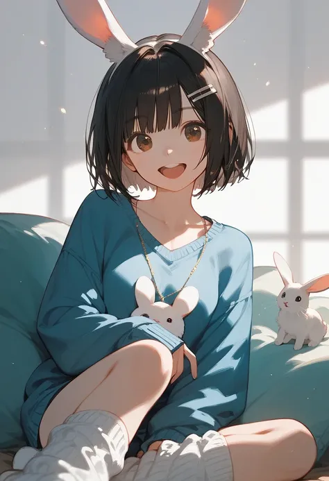 Score_9,Score_8_up,Score_7_up,highest quality,detailed,1 girl,slim,brown long straight hair,sweater,loose socks,looking Happy,Happy with me Bunny ears
黒髪　 Black Hair 　 bob cut from the front　Bob Hair　Blue clothes　20th Generation　White rabbit ears　Blue clot...