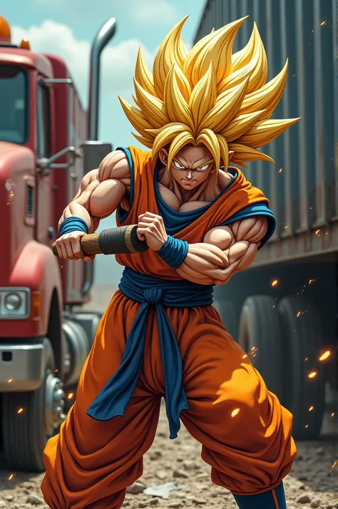 Vejita transformed into super sayadin Very strong holding a sledgehammer repairing a truck tire. Imagem original de dragon ball z "saga Majin Boo.