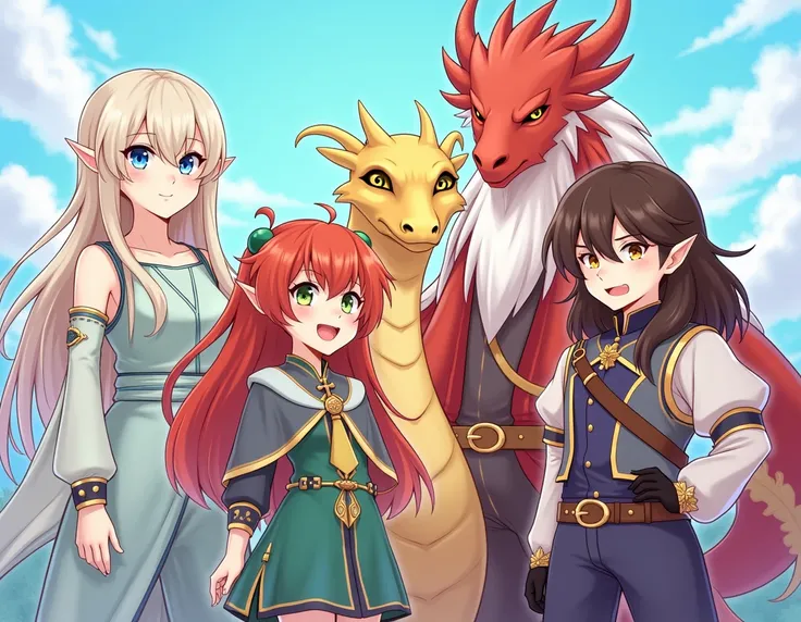 2girls , 2boys , group picture, 1elf boy , 1human girl , 1dragon girl , 1dwarf boy , fantasy outfits , Pretty face, the elf boy is tall , the petite human girl , the dragon girl is medium height , the dwarf boy is short , the elf boy has blue eyes , the hu...