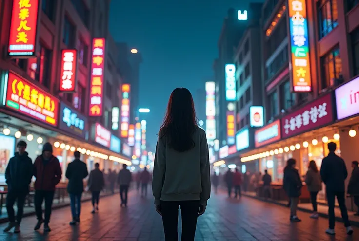 (Amazing Artwork:1.1), The real downtown area of China,  Night Streetscape, People passing by々, Girl Standing Alone, live-action, 