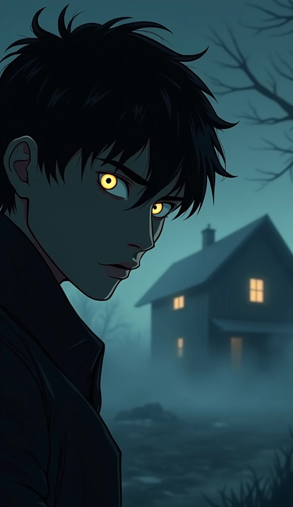 Cartoon-style, dark and eerie image of Song Jae-rim’s face partially obscured by shadows, with his intense, haunting eyes glowing faintly as if watching the viewer. In the background, a ghostly mist swirls around his house, barely visible, creating an atmo...