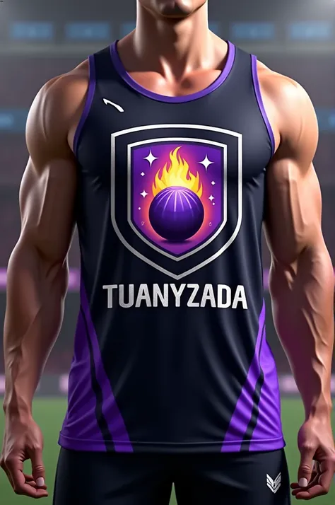  sleeveless team tank shirt ,  with shield and flaming ball as symbol, with the name Tuanyzada , All in the colors purple , black and white