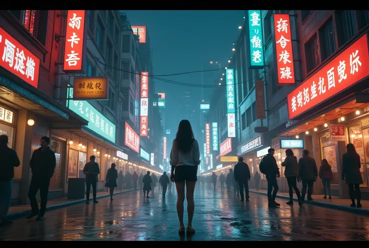 (Amazing Artwork:1.1), ( high quality, masterpiece),The real downtown area of China,  Night Streetscape, People passing by々, Girl Standing Alone, ((live-action)), 