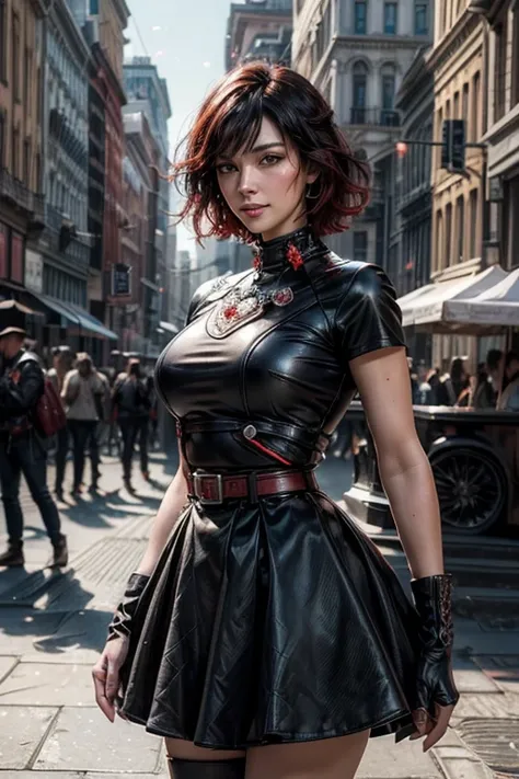 srwby, short hair, black hair, red hair, t-shirt, skirt, gradient hair, grey eyes, standing outside, smiling, (cowboy shot), dynamic pose, standing near fountain on city street, crowd, intricate details, tonemapping, sharp focus, hyper detailed, (masterpie...