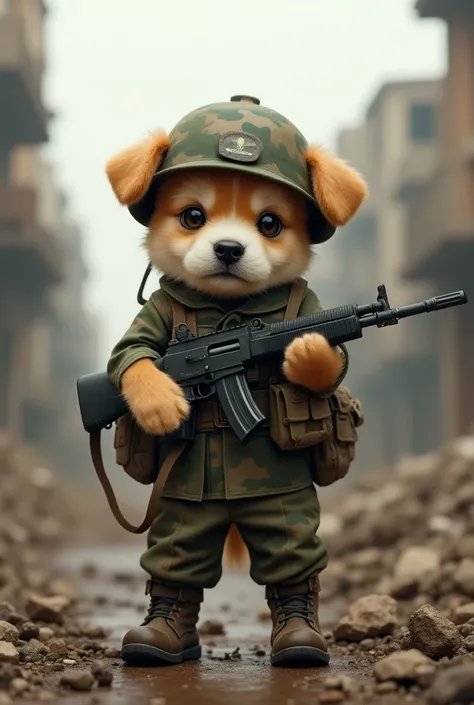 Cuddly puppy dog ,  dressed as a soldier and with a soldiers gun , in a war scenario 