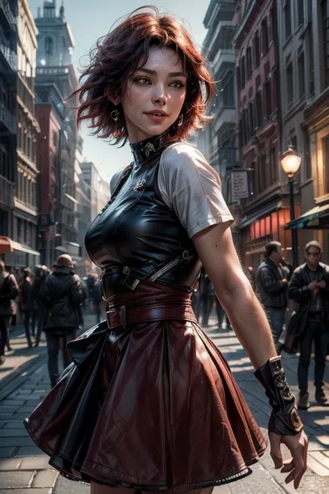 srwby, short hair, black hair, red hair, t-shirt, skirt, gradient hair, grey eyes, standing outside, smiling, (cowboy shot), dynamic pose, standing near fountain on city street, crowd, intricate details, tonemapping, sharp focus, hyper detailed, (masterpie...