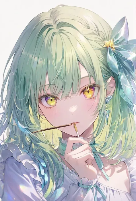 ((pastel))、  Pocky,The background is candy , Cowboy Shooting, upper body one woman ,  female close-up ,  Katyusha,ribbon,,  she wears a one-shoulder dress,volume sleeve green hair , long hair,Inward curl,  rainbow heterochromia (( yellow eyes)) blue eyes ,...