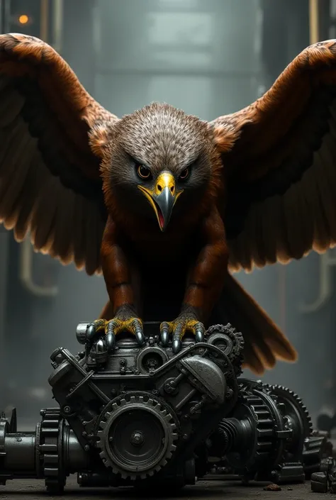 A gavilan holding a car engine between its wings and standing on some gears