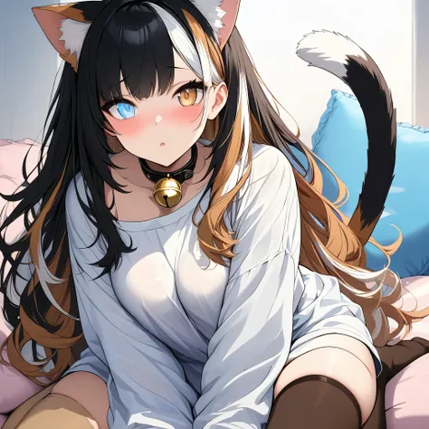 Masterpiece, Very detailed, Ultra-detailed, one tall beautiful neko woman. Masterpiece, Very detailed, Ultra-detailed, long lovely calico-hair, beautiful brown and blue eyes, well endowed. Wearing a gold Bell-Ball collar. Sitting on a pillow, blushing, meo...