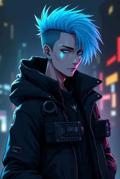  Draw a man wearing cyberpunk clothes . At this time,,  The head is blue and there is a diamond pattern under the left face. The overall color is drawn with a black , Blue, White,  I want you to use fluorescent colors, etc. . and,  loudspeaker, . The resul...