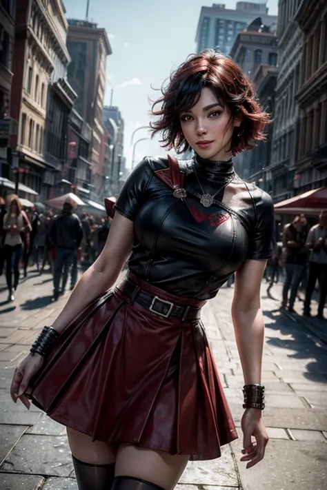 srwby, short hair, black hair, red hair, t-shirt, skirt, gradient hair, grey eyes, standing outside, smiling, (cowboy shot), dynamic pose, standing near fountain on city street, crowd, intricate details, tonemapping, sharp focus, hyper detailed, (masterpie...