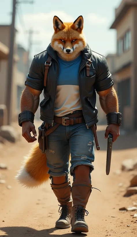 Battle-Ready Casual: A muscular and stately humanoid MALE FOX ,  wearing a rugged casual outfit with a battle look .  He wears a dark leather jacket with a blue and white t-shirt .  His muscular arms are partially on display , highlighting its strength.  w...