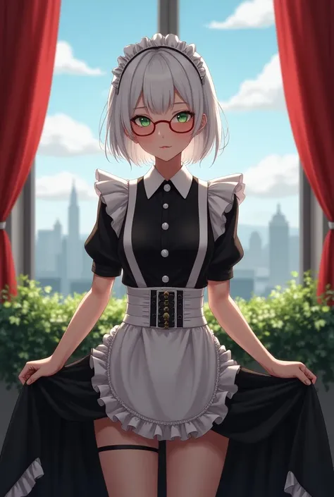 (((uncensored))), highly realistic, hyperrealism, full body portrait, real life smile, (white hair, short hair, green eyes, red glasses), extremely detailed, perfect eyes, perfect face, ((extreme skinny female 20 age, toned body)), ((maid uniform, black cl...