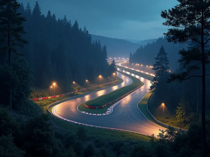 Formula 1 circuit with vanishing points and nature at night stands out
