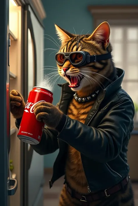 
biker cat screaming and grabbing a coke from the fridge without ice