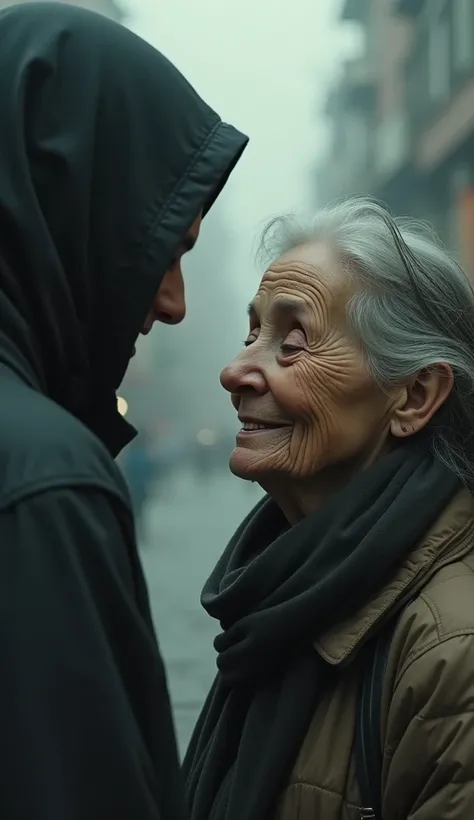 An old woman with her eyes closed while meeting a  smiles on the blurry street. 