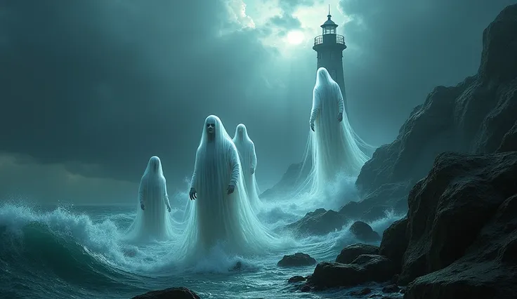  Translucent and ghostly figures emerge from the rough sea,  rising slowly through the rocks towards a lighthouse .  The scenery is dark and stormy , with rays illuminating the figures .