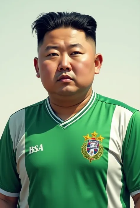 A portrait of Kim Jong Un wearing a Brazilian soccer team jersey "palm trees"