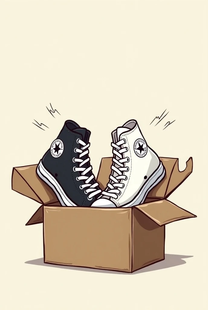 Converse shoes inside your box ,  a single pair but a black shoe and a white shoe, cartoon, without faces