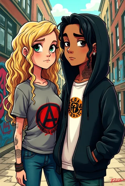 Create a hip hop cartoon of a couple.

 she is white-skinned , very very light , ojos de color verde,  long blonde hair light gold , very frizzy curly ,  put on a t-shirt with the flag of vegan anarchism .  The man has very white skin ,  Long black hair , ...