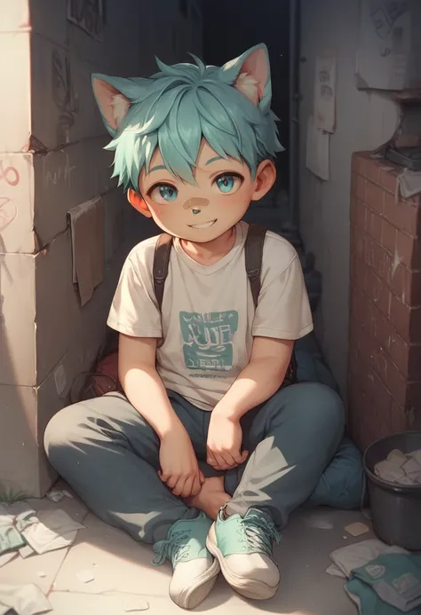 a little shota boy,cyan hair,short hair,dog ears,white inner,bandaid on nose,smile,white pantie,big plump of pantie,sitting in alley,(health check)