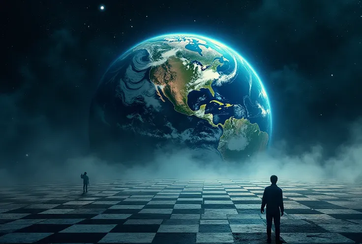 The Earth is a chess board ,  seen from outside the Earth by a person 