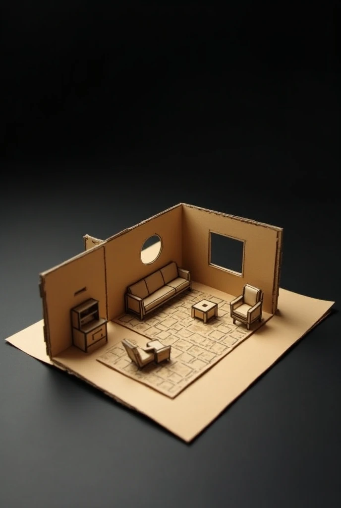 Make a cardboard model of a room on a paper and a black background