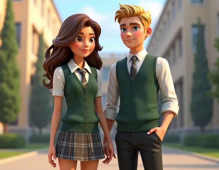  A 17-year-old girl stands ,  with caramel-colored eyes and wavy brown hair framed by his face .  She wears her school uniform :  a white button-down shirt ,  a tie and a green vest with thin black lines to match your plaid skirt,  that reaches just above ...